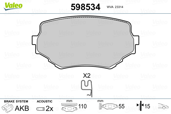 VALEO 598534 Kit pastiglie freno, Freno a disco