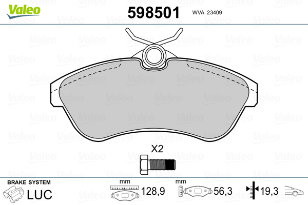 VALEO 598501 Kit pastiglie freno, Freno a disco