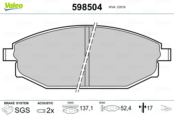 VALEO 598504 Kit pastiglie freno, Freno a disco