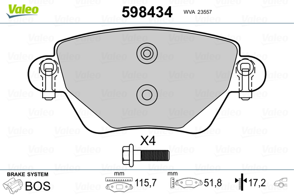 VALEO 598434 Kit pastiglie freno, Freno a disco