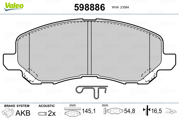 VALEO 598886 Kit pastiglie freno, Freno a disco