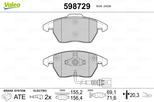 VALEO 598729 Kit pastiglie freno, Freno a disco