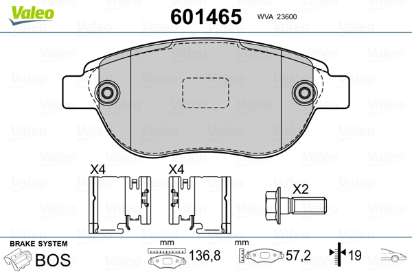 VALEO 601465 Kit pastiglie freno, Freno a disco