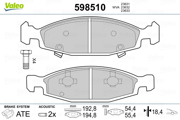 VALEO 598510 Kit pastiglie freno, Freno a disco