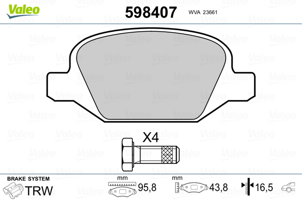 VALEO 598407 Kit pastiglie freno, Freno a disco