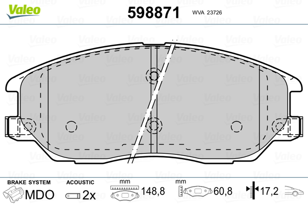 VALEO 598871 Kit pastiglie freno, Freno a disco