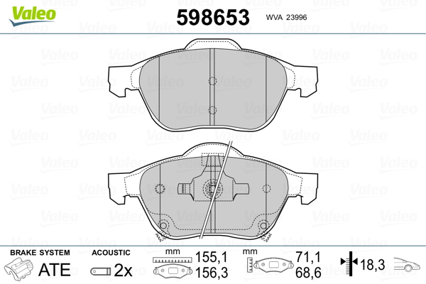 VALEO 598653 Kit pastiglie freno, Freno a disco