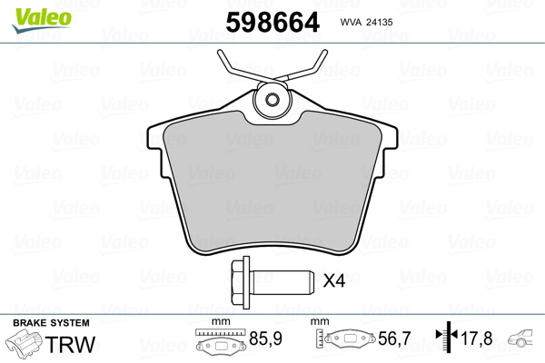 VALEO 598664 Kit pastiglie freno, Freno a disco