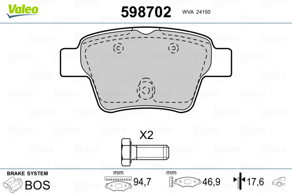 VALEO 598702 Kit pastiglie freno, Freno a disco