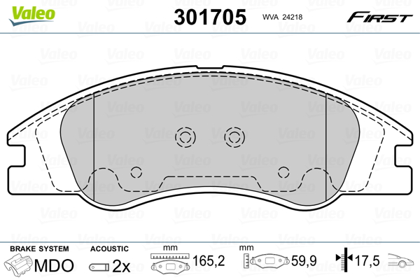 VALEO 301705 Kit pastiglie freno, Freno a disco