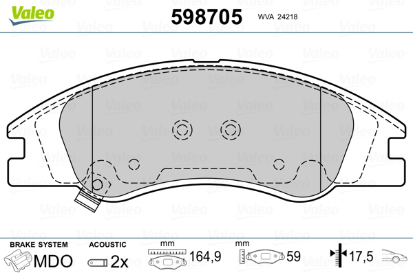 VALEO 598705 Kit pastiglie freno, Freno a disco