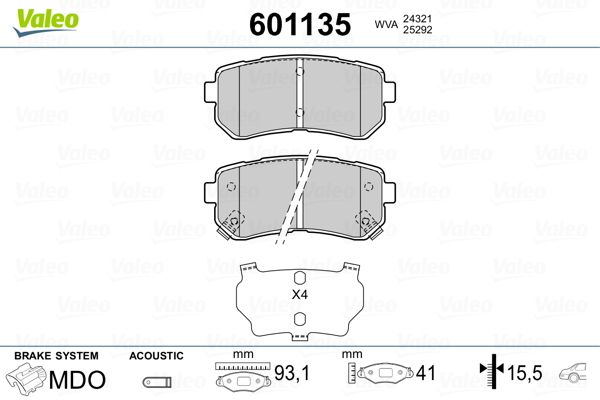 VALEO 601135 Kit pastiglie freno, Freno a disco