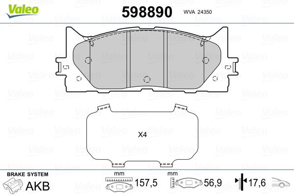 VALEO 598890 Kit pastiglie freno, Freno a disco