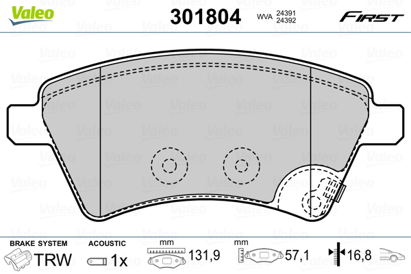 VALEO 301804 Kit pastiglie freno, Freno a disco