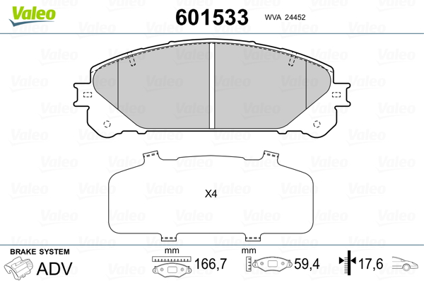 VALEO 601533 Kit pastiglie freno, Freno a disco