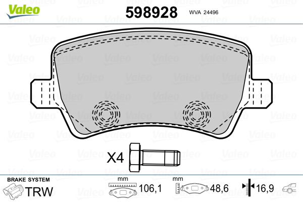 VALEO 598928 Kit pastiglie freno, Freno a disco