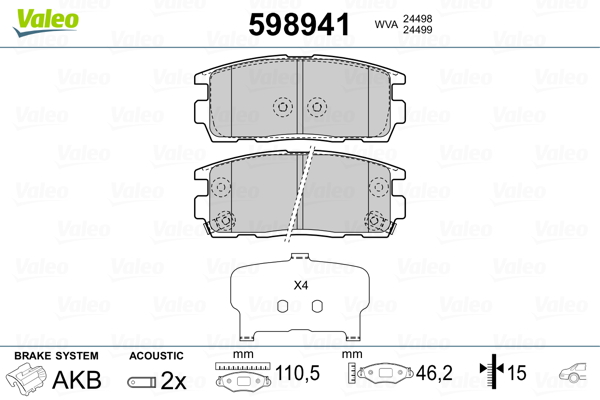 VALEO 598941 Kit pastiglie freno, Freno a disco