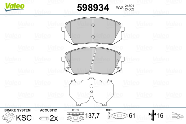 VALEO 598934 Kit pastiglie freno, Freno a disco