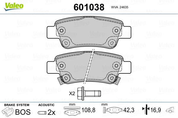 VALEO 601038 Kit pastiglie freno, Freno a disco