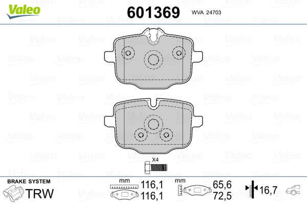 VALEO 601369 Kit pastiglie freno, Freno a disco