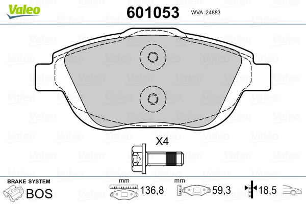 VALEO 601053 Kit pastiglie freno, Freno a disco