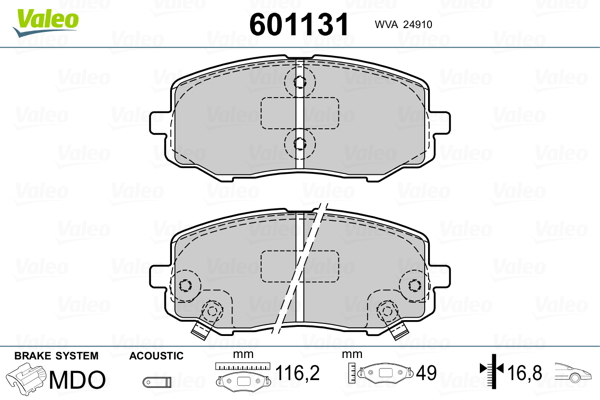 VALEO 601131 Kit pastiglie freno, Freno a disco