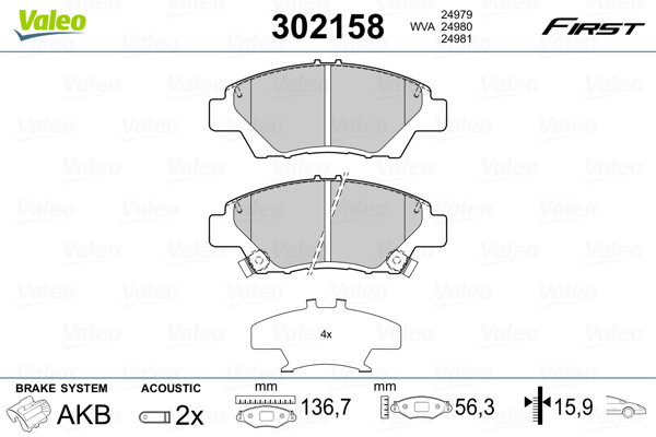 VALEO 302158 Kit pastiglie freno, Freno a disco