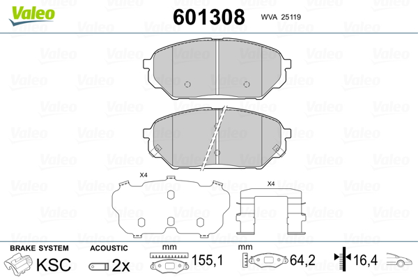 VALEO 601308 Kit pastiglie freno, Freno a disco