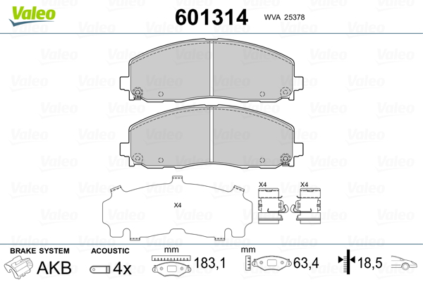 VALEO 601314 Kit pastiglie freno, Freno a disco