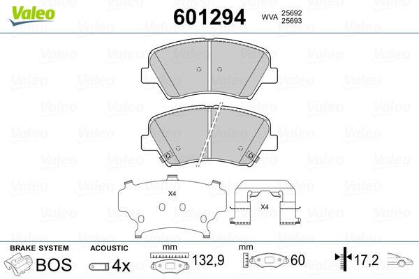 VALEO 601294 Kit pastiglie freno, Freno a disco