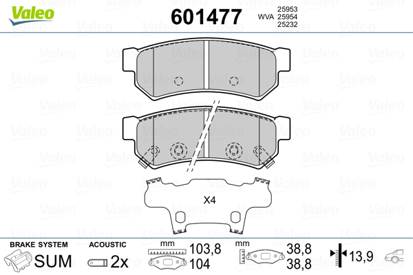 VALEO 601477 Kit pastiglie freno, Freno a disco