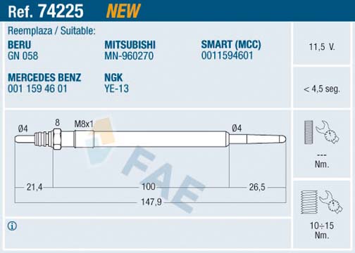 FAE 74225 Glow Plug for MITSUBISHI SMART