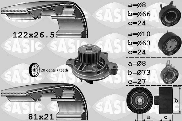 SASIC 3906052 Pompa acqua + Kit cinghie dentate-Pompa acqua + Kit cinghie dentate-Ricambi Euro