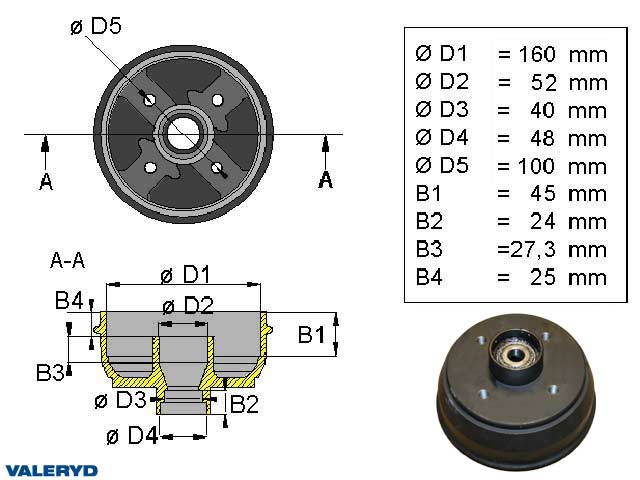 Valeryd 1090001 Bremstrommel 160x35 / 4x100 passend für Al-Ko / mm-Radlager Bremstrommel, Anhänger