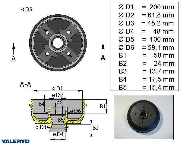 Valeryd 1090004 Bremstrommel 200x50 / 4x100 / passend für Al-Ko / Zoll-Lager Bremstrommel, Anhänger