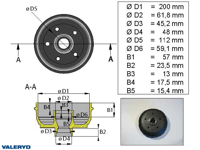 Valeryd 1090006 Bremstrommel 200x50 / 5x112 / passend für Al-Ko Zoll-Lager Bremstrommel, Anhänger