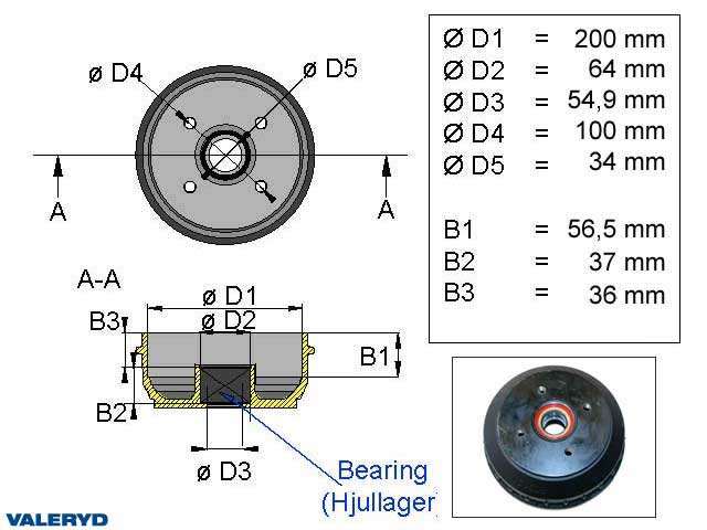 Valeryd 1090011 Bremstrommel 200x50 Kompaktlager / 4x100 / passend für Al-Ko Bremstrommel, Anhänger