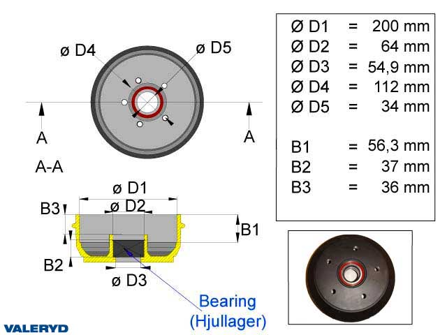 Valeryd 1090012 Bremstrommel 200x50 Kompaktlager / 5x112 / passend für Al-Ko Bremstrommel, Anhänger