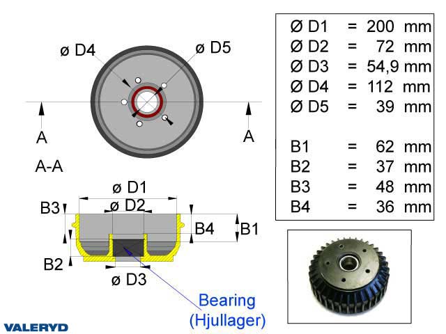 Valeryd 1090013 Bremstrommel 200x50 Kompaktlager 5x112 passend Al-Ko 1500 kg Bremstrommel, Anhänger