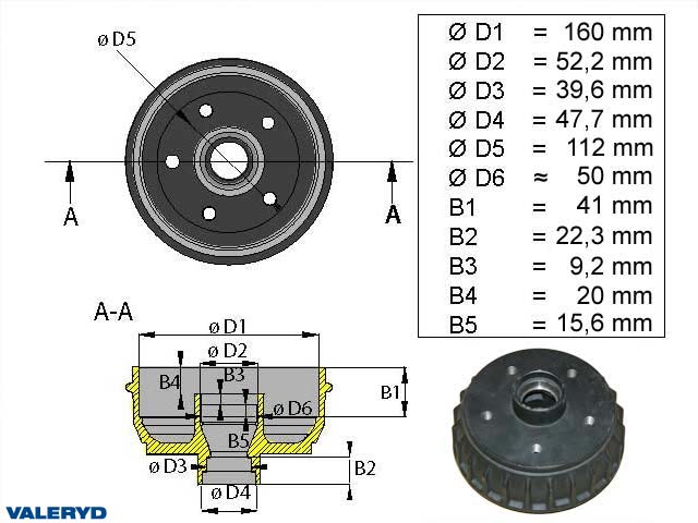 Valeryd 1090014 Bremstrommel 160x35 für Zoll-Radlager 5x112 für Al-Ko Bremstrommel, Anhänger