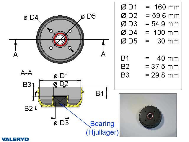Valeryd 1090015 Bremstrommel 160x35 / Kompaktl. / 4x100 / passend für Al-Ko Bremstrommel, Anhänger