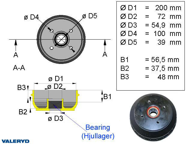 Valeryd 1090016 Bremstrommel 200x50 Kompaktlager / 4x100 / passend für Al-Ko Bremstrommel, Anhänger