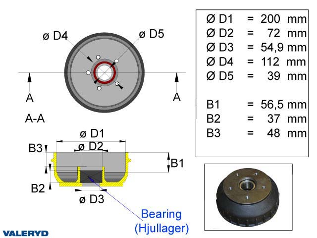 Valeryd 1090017 Bremstrommel 200x50 Kompaktlager / 5x112 / passend für Al-Ko Bremstrommel, Anhänger