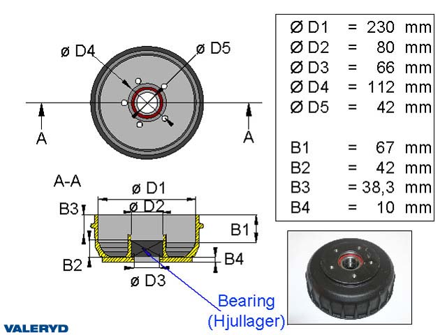 Valeryd 1090018 Bremstrommel 230x60 / Kompaktlager 42mm  / 5x112 / für Al-Ko Bremstrommel, Anhänger