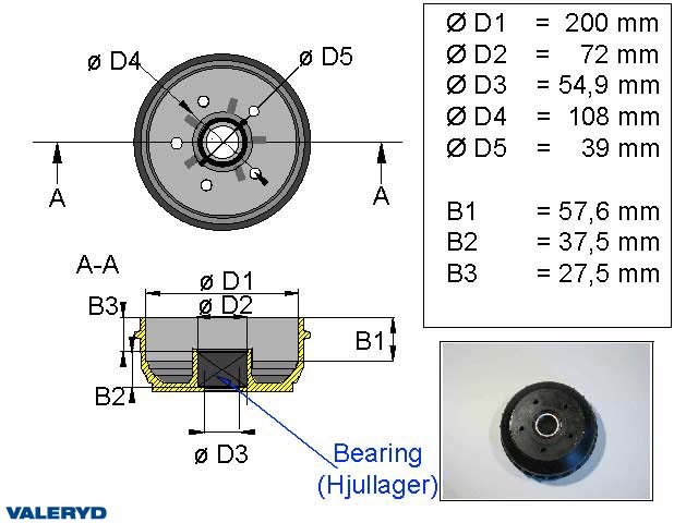 Valeryd 1090019 Bremstrommel 200x50 Kompaktlager / passend für Al-Ko / 5x108 Bremstrommel, Anhänger