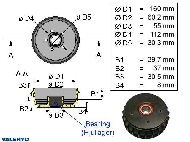 Valeryd 1090027 Bremstrommel 160x35 Kompaktlager / 5x112 / passend für Al-Ko Bremstrommel, Anhänger