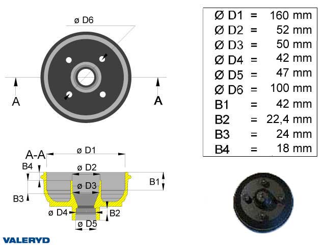 Valeryd 1091001 Bremstrommel 160x35 / 4x100 Knott/Avonride mit Zoll-lager Bremstrommel, Anhänger