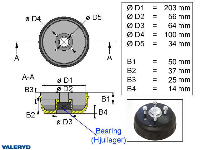 Valeryd 1091002 Bremstrommel 203,2x40 Kompaktlager / 4x100 / Avonride Bremstrommel, Anhänger