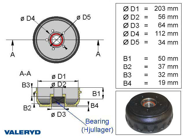 Valeryd 1091003 Bremstrommel 203,2x40 Kompaktlager / 5x112 / Avonride Bremstrommel, Anhänger