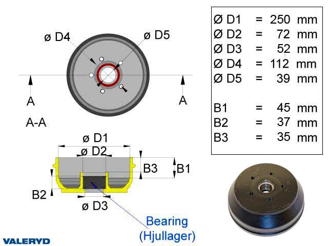 Valeryd 1091011 Bremstrommel 250x40 / 5x112 / Kompaktlager / für Knott Bremstrommel, Anhänger